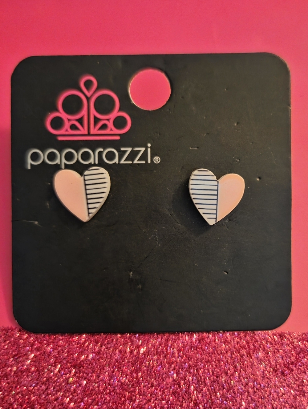 Paparazzi Pink & White Striped Half-Heart Stud Earrings